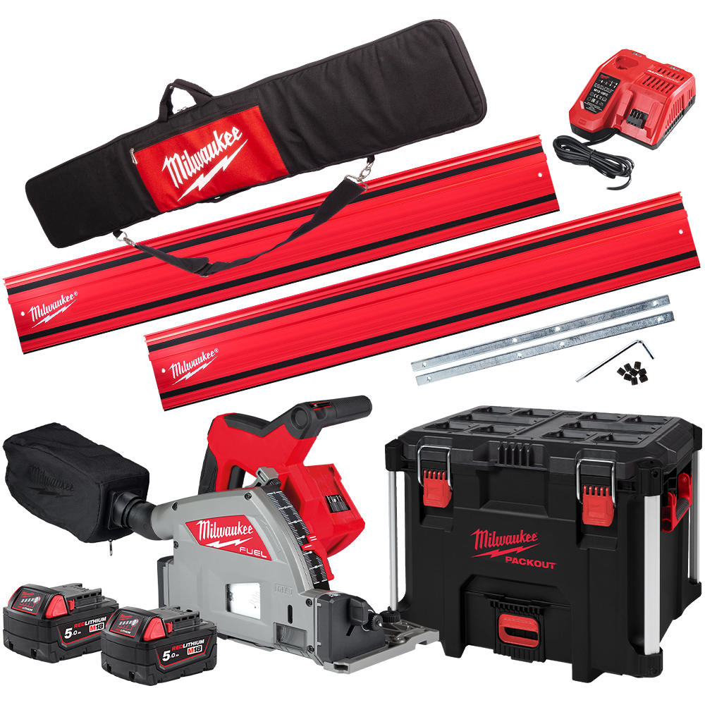 Milwaukee M18 FPS55 Fuel 18v Cordless Brushless Plunge Saw and Guide Rail Kit 2 x 5ah Li-ion Charger Case